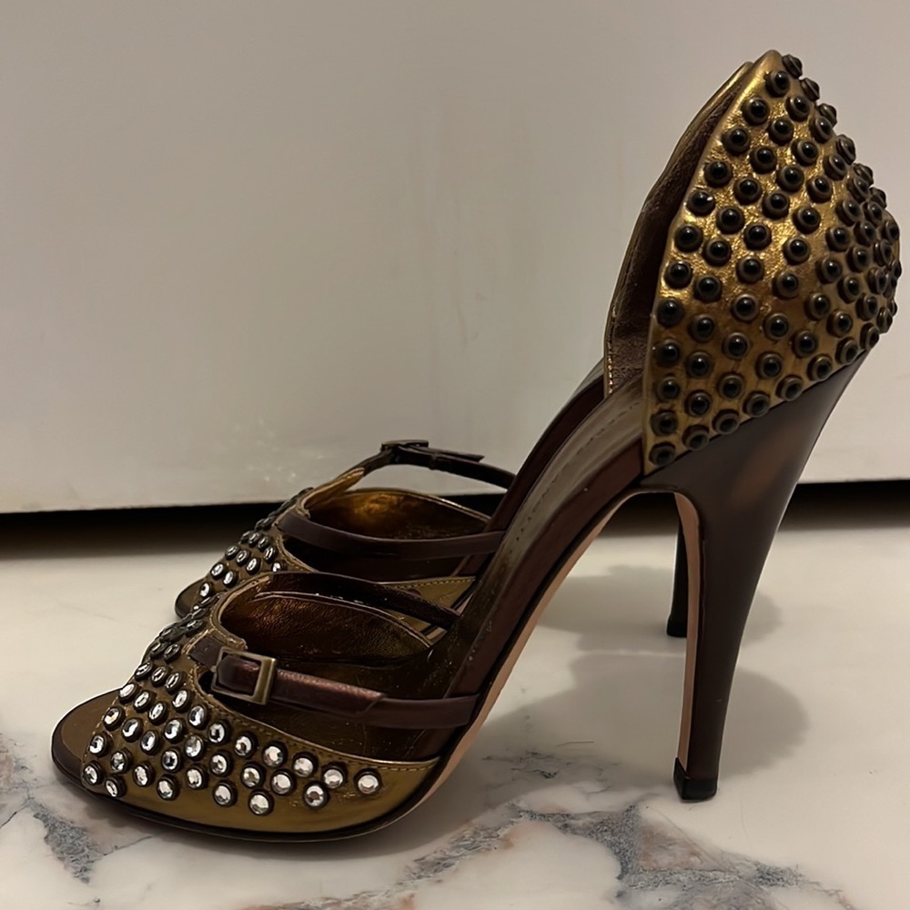 Giuseppe Zanotti Copper Gold Heels with Crystals and Black Bead Embellishments